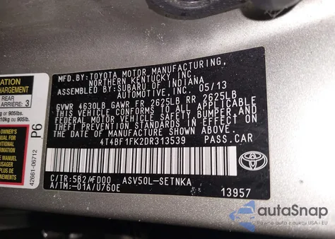 2013 Toyota Camry Le from USA, damaged, VIN 4T4BF1FK2DR313539